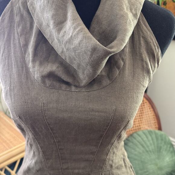 Zara Taupe Linen Sleeveless Cowl Neck Fit & Flare Dress - Picture 3 of 5